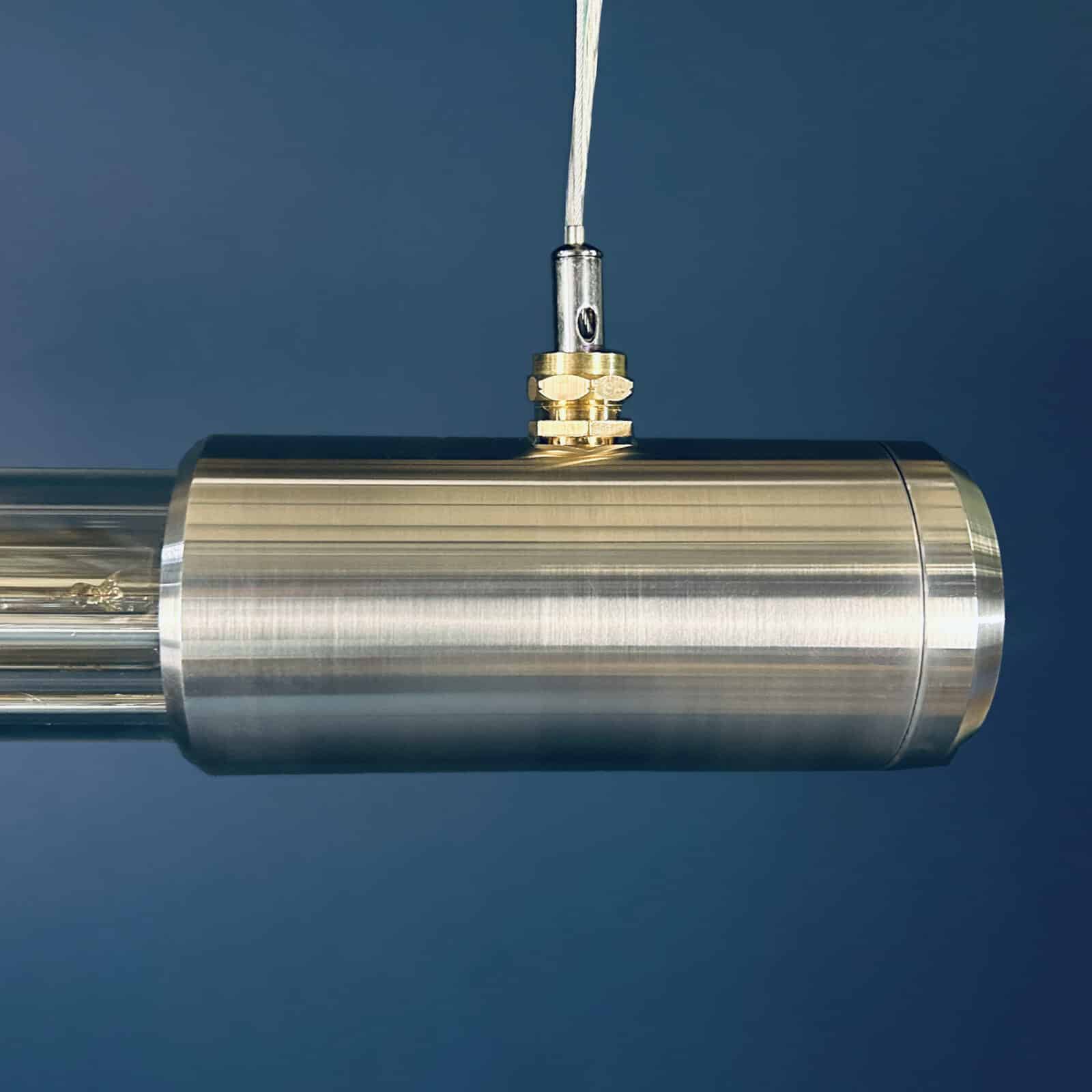 Shop for a industrial style linear ceiling light, installed with Edison LED filament tubes. British designed and made. Manufactured with high quality materials aluminium and glass.