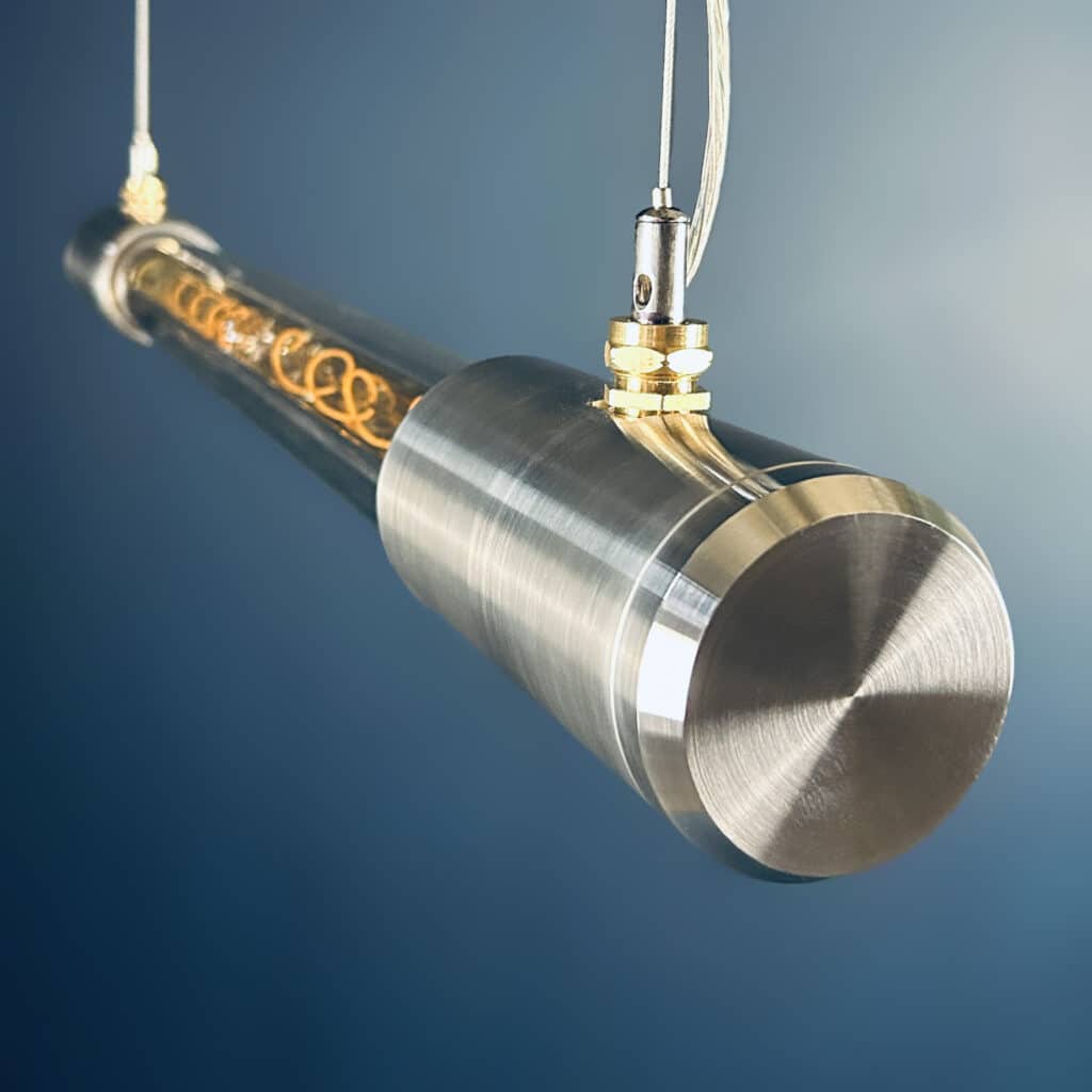 Shop for a industrial style linear ceiling light, installed with Edison LED filament tubes. British designed and made. Manufactured with high quality materials aluminium and glass.