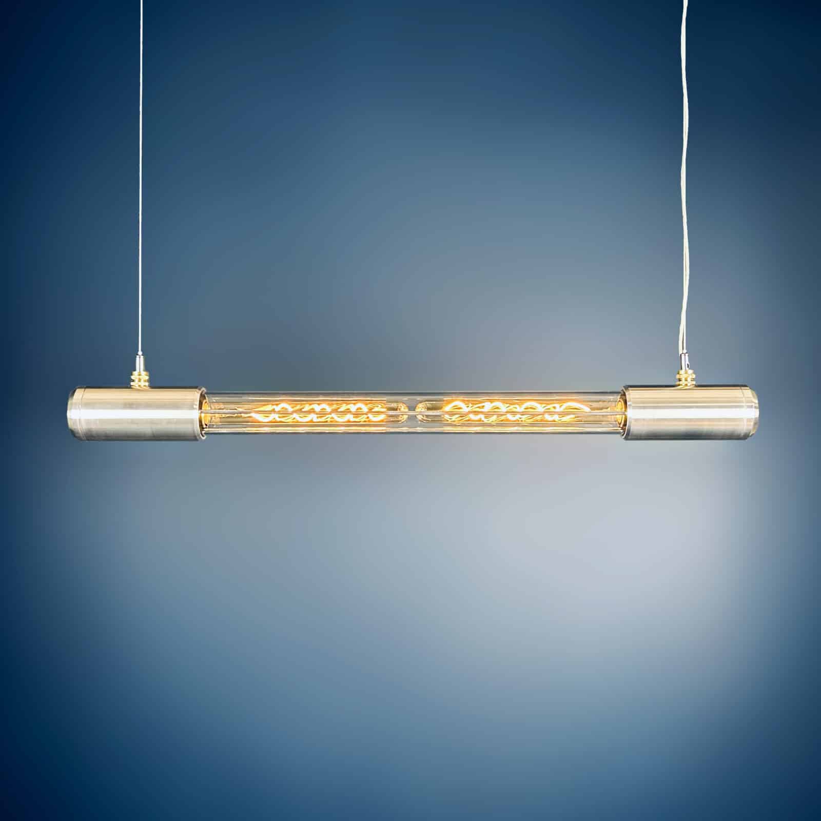 Shop for a industrial style linear ceiling light, installed with Edison LED filament tubes. British designed and made. Manufactured with high quality materials aluminium and glass.